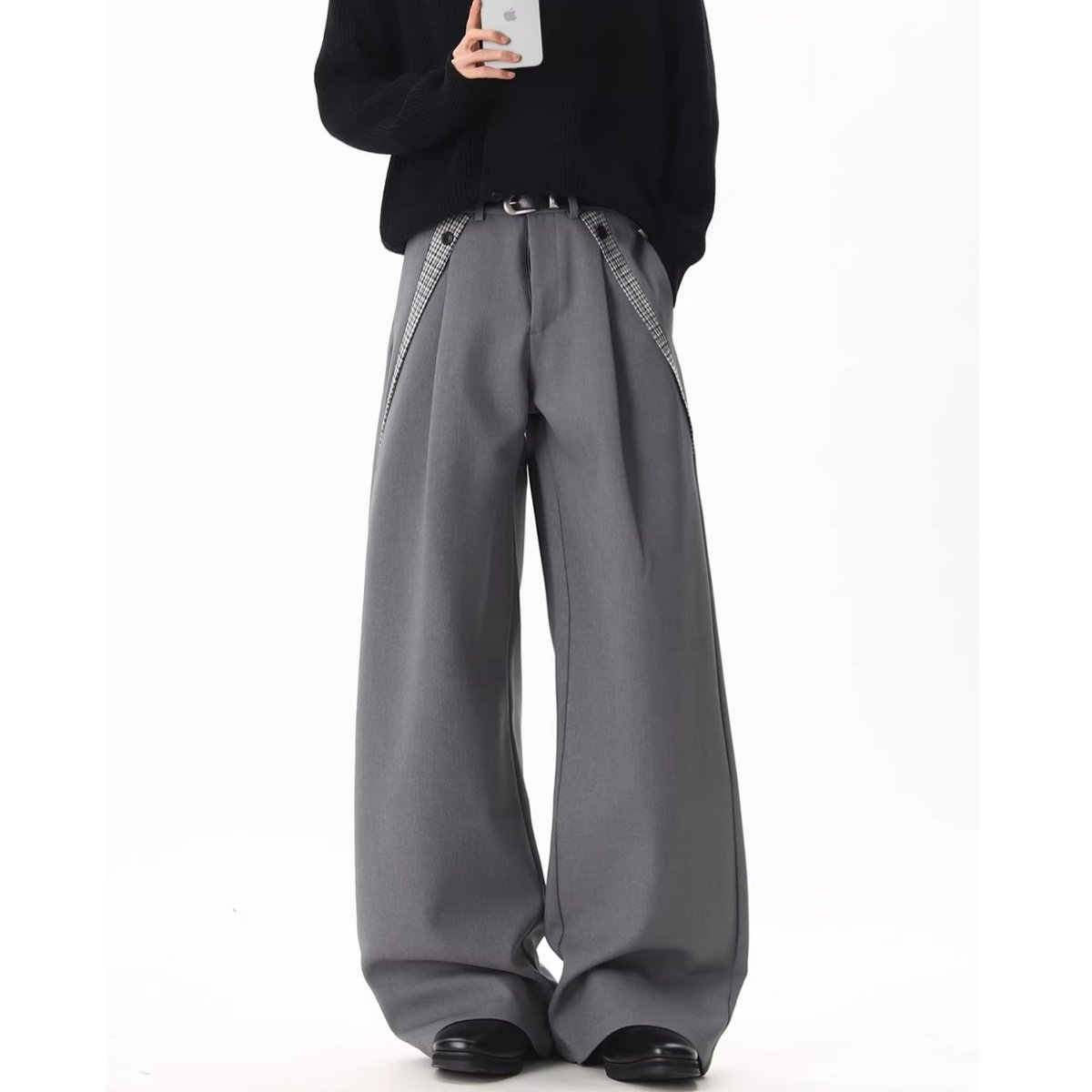 老钱风格纹拼接灰色弯刀西裤男女潮牌褶皱A字阔腿裤宽松廓形长裤,男装,西裤,淘宝优惠券,粉丝福利购,淘宝优惠卷