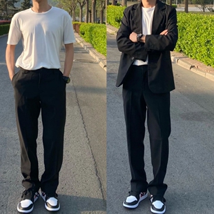 日系韩风阔腿拖地长裤 垂坠感直筒西装 男ins轻熟风痞帅直筒小西裤