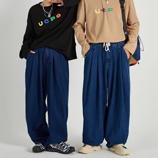 日系阔腿宽松灯笼裤男女bf原宿风微阔oversize古着感嘻哈牛仔裤子