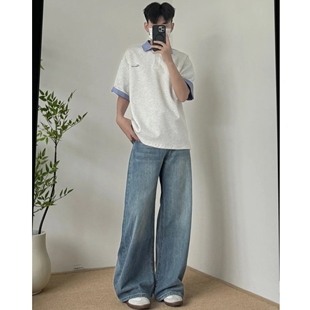 美式cleanfit宽松阔腿牛仔裤男女休闲直筒垂感长裤高街松弛廓形裤