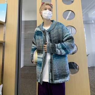 彩虹色渐变开衫毛衣男女潮牌撞色针织衫情侣休闲复古高街宽松外套
