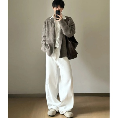 韩风白色大码牛仔裤男女宽松直筒