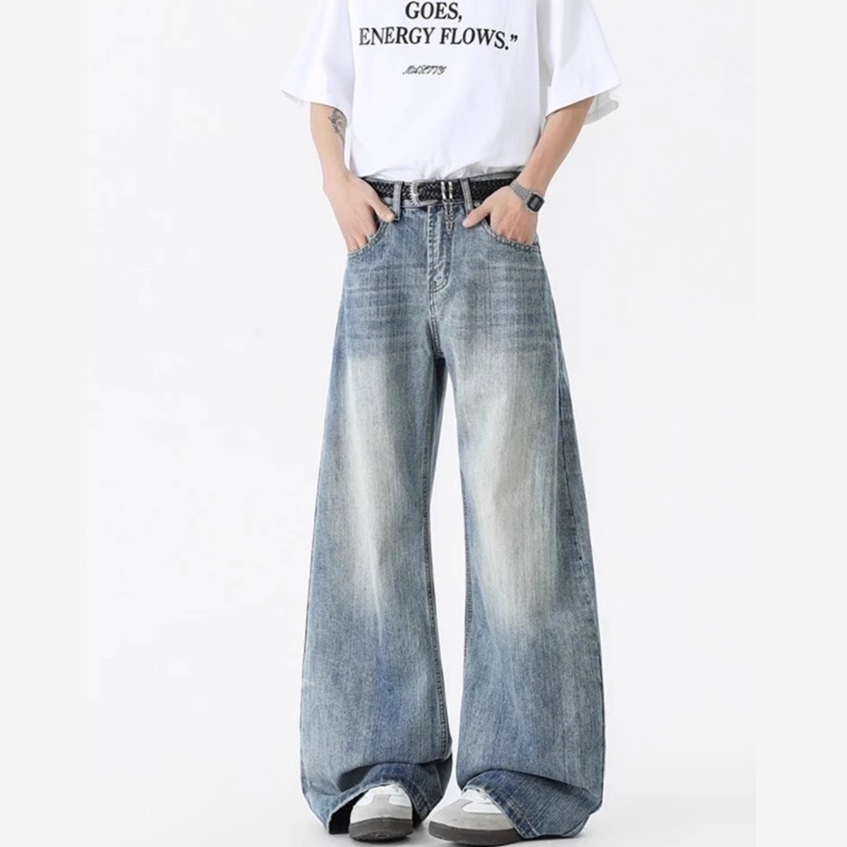 美式竹节纹牛仔裤男女高街弯刀裤