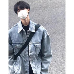 美式oversize复古浅蓝色牛仔外套男高街翻领夹克春秋宽松大码上衣