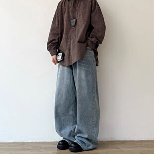 日系廓形水洗做旧牛仔裤男复古直筒宽松休闲阔腿裤子美式高街长裤