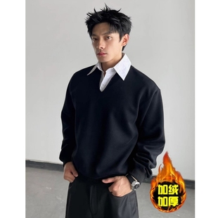 上衣美式 boxy长袖 学院风 领卫衣男加绒加厚V领短款 黑色假两件衬衫