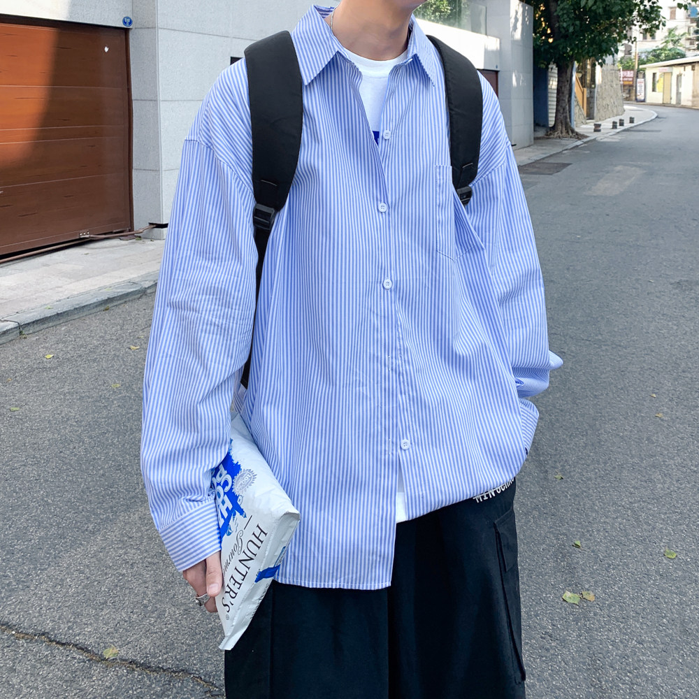 蓝色条纹衬衫男日系潮牌街头宽松情侣衬衣ins打底上衣服薄款外套,男装,衬衫,淘宝优惠券,粉丝福利购,淘宝优惠卷
