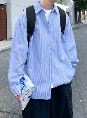 蓝色条纹衬衫男日系潮牌街头宽松情侣衬衣ins打底上衣服薄款外套