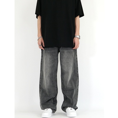 美式复古烟灰色松紧腰牛仔裤男女