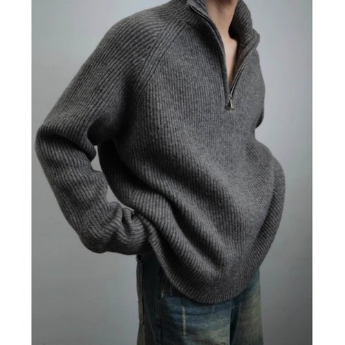 日系慵懒风半拉链立领毛衣男翻领