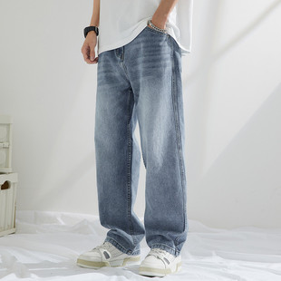 ins痞帅港风拖地简约长裤 垂感直筒阔腿裤 牛仔裤 宽松大码 子男夏季