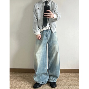 美式高街cleanfit竹节做旧牛仔裤男直筒弯刀阔腿裤子廓形垂感长裤