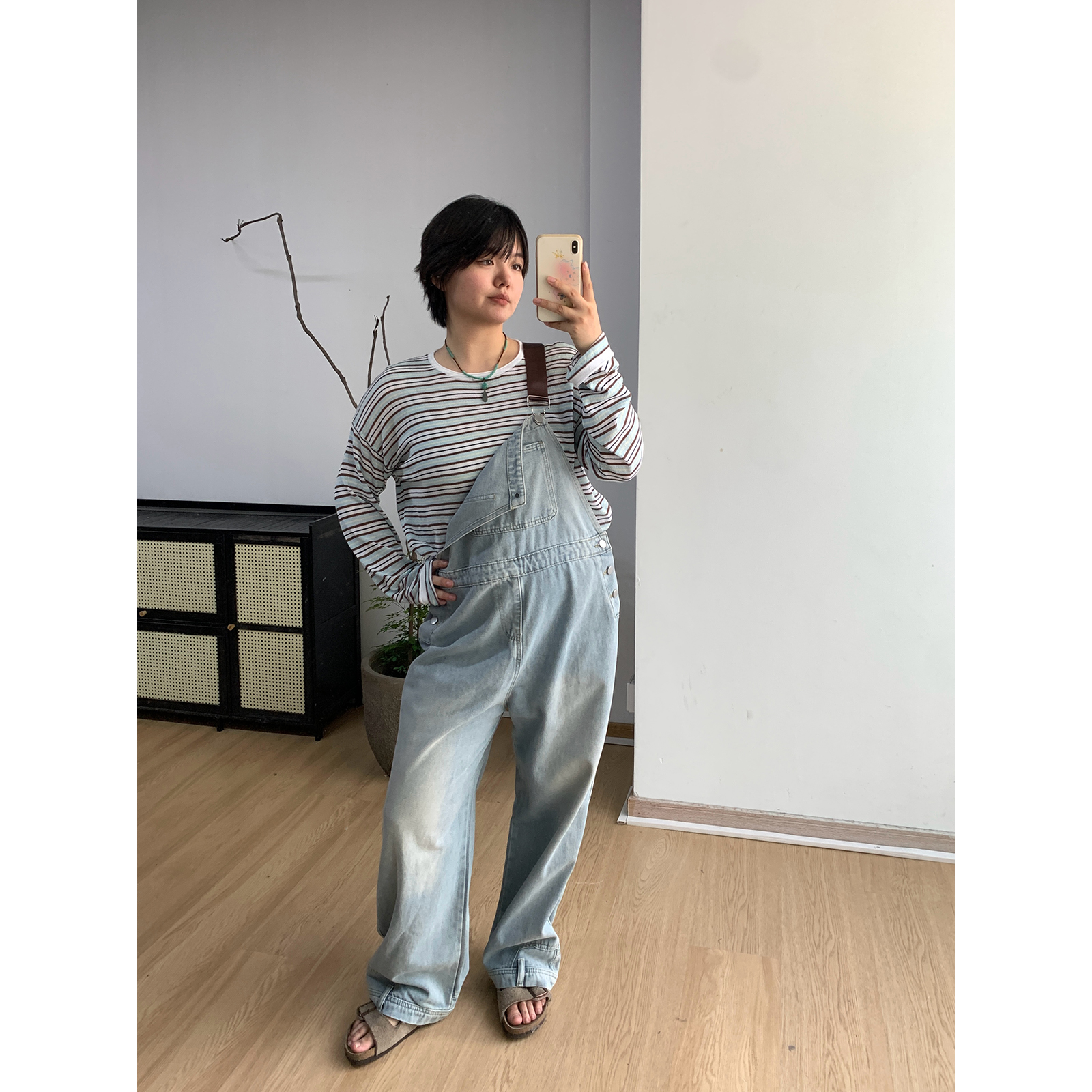 FishCake 大码微胖浅蓝色复古风水洗牛仔背带裤子韩式休闲长裤女