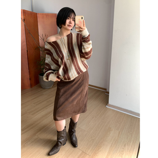 FishCake 微胖条纹套头圆领宽松针织毛衣直筒休闲A字半裙女 大码