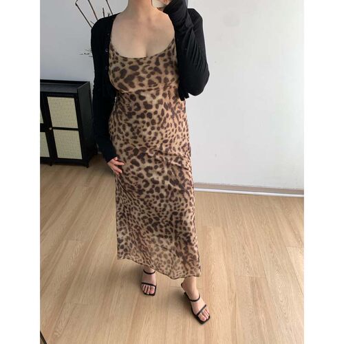 FishCake 大码微胖浅咖网纱豹纹连衣裙性感修身收腰吊带长裙女夏