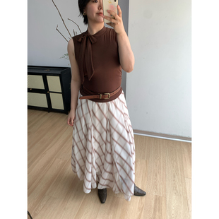 胖MM FishCake 大码 微胖蝴蝶结绑带无袖 上衣松紧格纹半身裙女套装