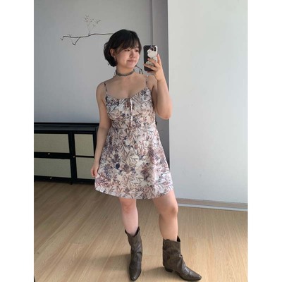 【清仓特价8折】微胖1米色输液印花吊带短裙度假风连衣裙开衫女胖