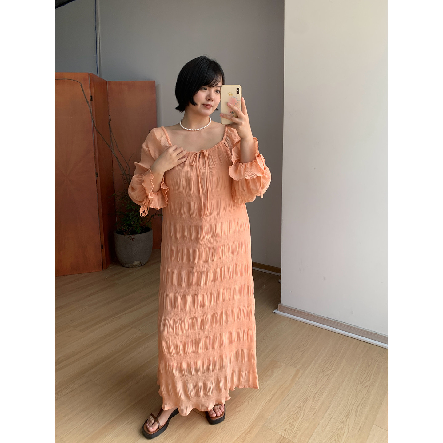 FishCake 大码微胖西柚粉色系带连衣裙优雅风宽松腰长裙女夏