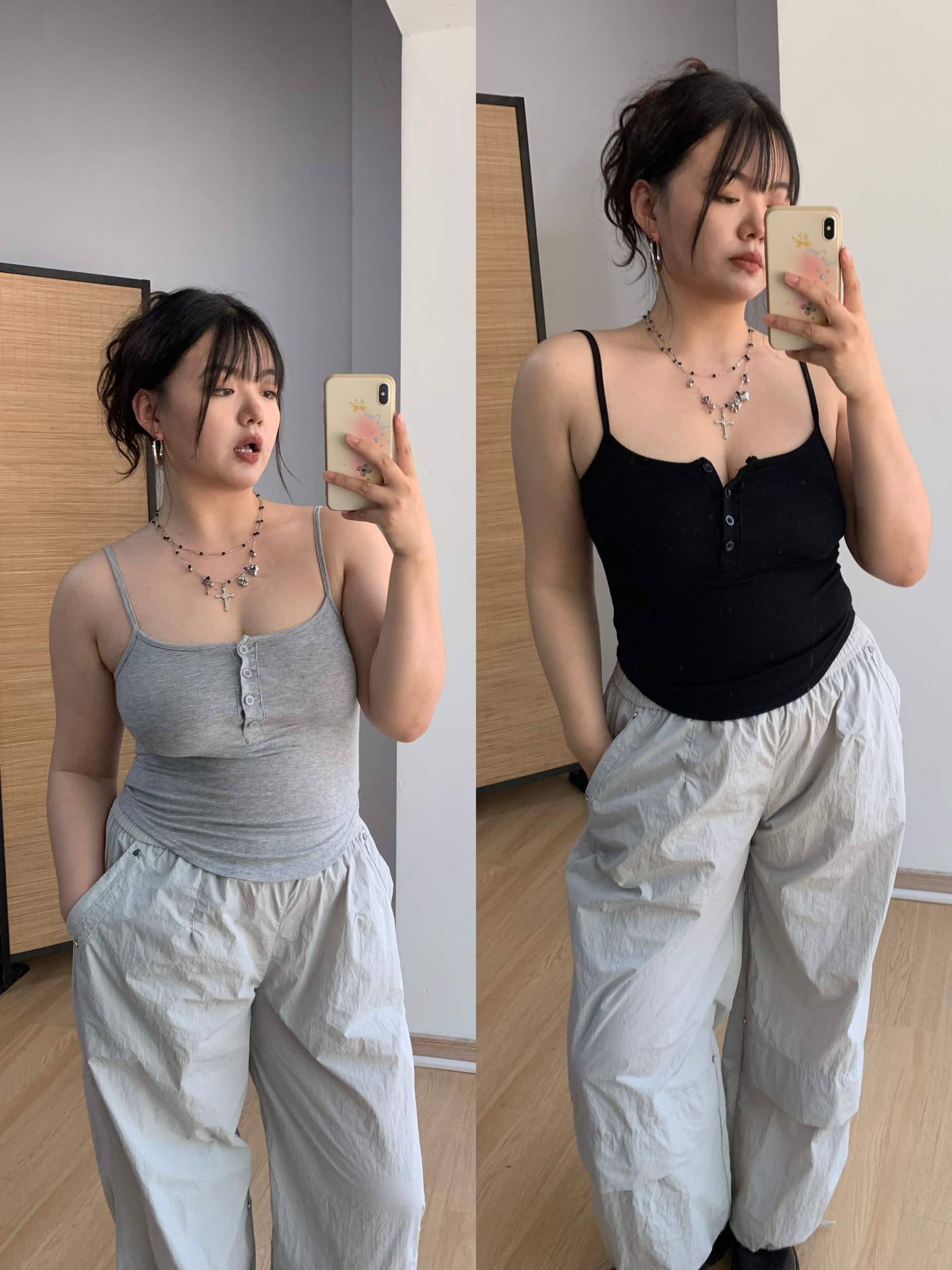 fishcake大码微胖 双色灰黑纽扣百搭小吊带女夏季时尚女内搭胖mm