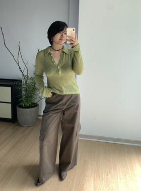 FishCake 大码微胖绿色polo领微透长袖针织T恤秋季百搭通勤女上衣
