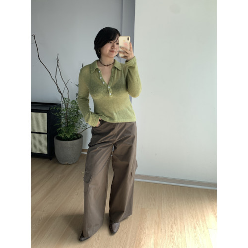 FishCake 大码微胖绿色polo领微透长袖针织T恤秋季百搭通勤女上衣