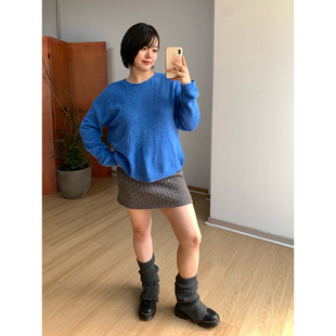 宽松宝蓝色毛衣灰色毛呢针织半裙套装 微胖 慵懒通勤 大码 FishCake