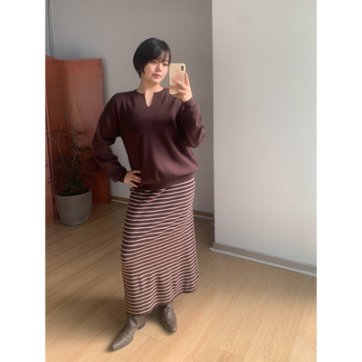 【FishCake 大码微胖 1/15 20点】开叉领长袖针织衫条纹半裙套装