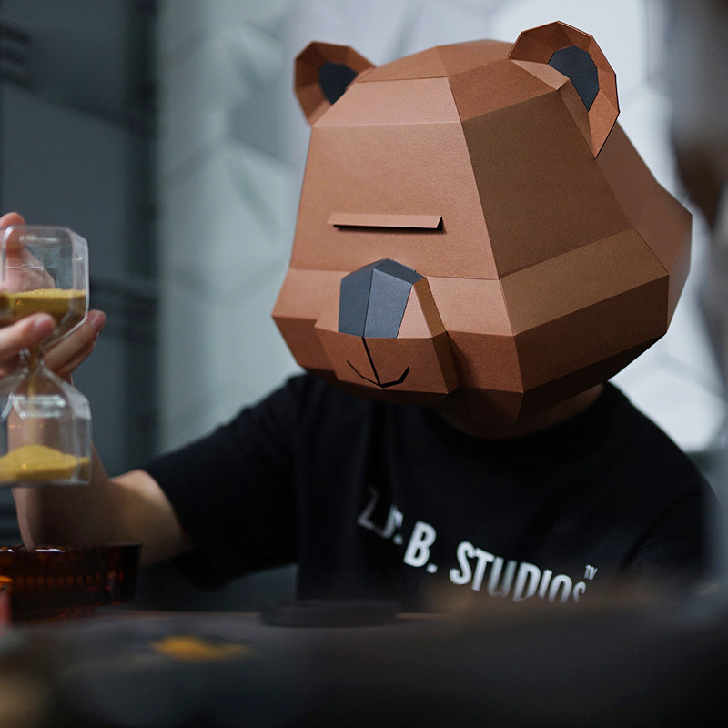 免裁剪手工卡纸模型材料包思过熊头套面具diy泰迪熊万圣节表演派对cos