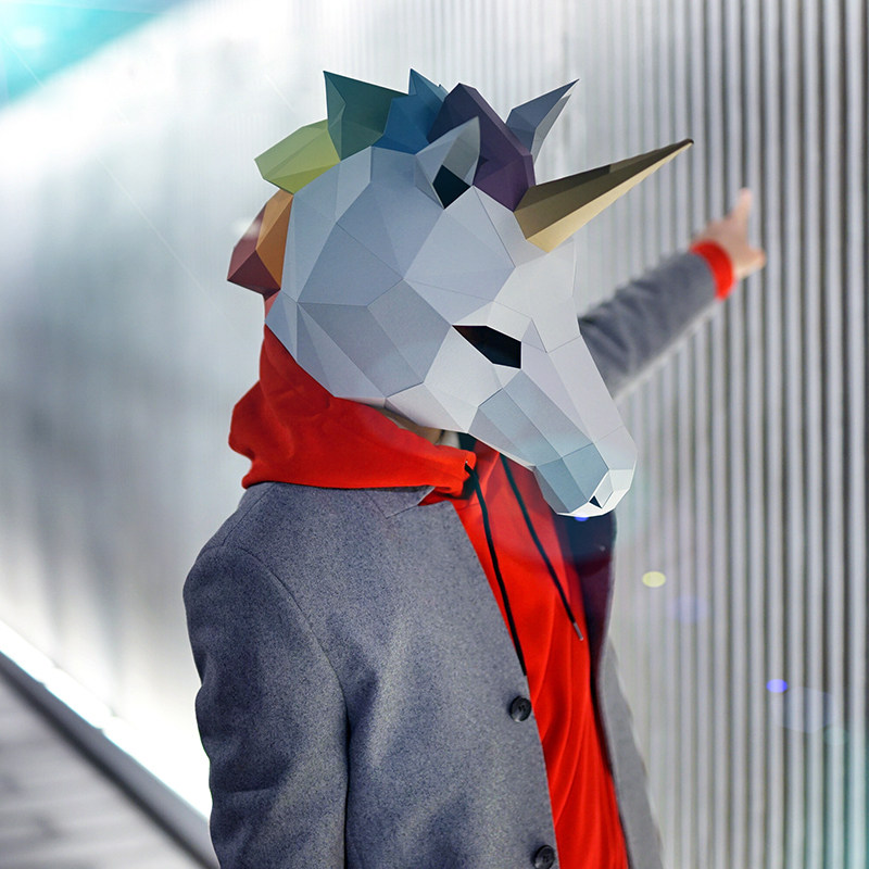 手工卡纸制作材料包diy独角兽头套面具男女万圣节化装舞会表演道具