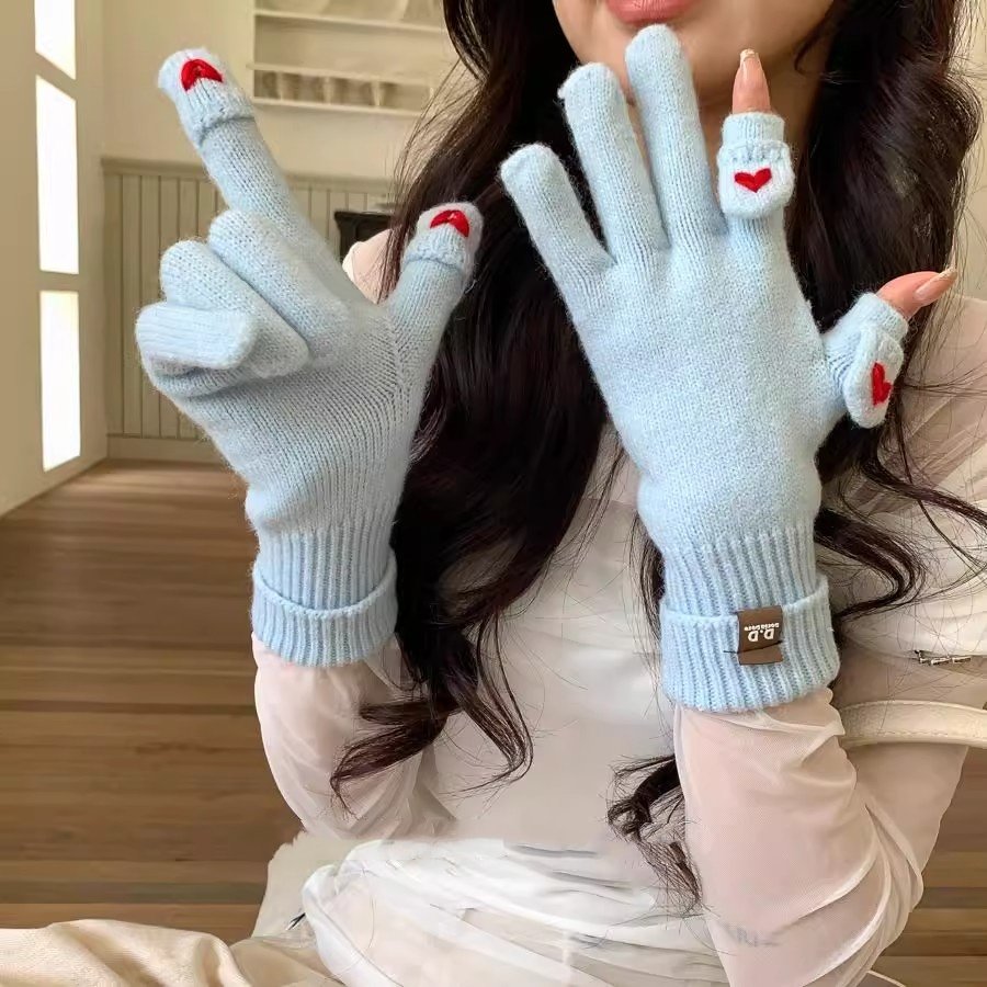 2025新款针织手套五指露两指女冬季可爱触屏爱心韩版防寒保暖骑行,服饰配件/皮带/帽子/围巾,手套,淘宝优惠券,粉丝福利购,淘宝优惠卷