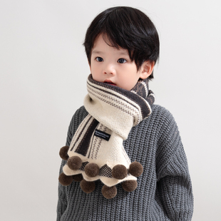 2025新款秋冬季儿童围巾男童针织毛线女童围脖格子保暖护颈小孩