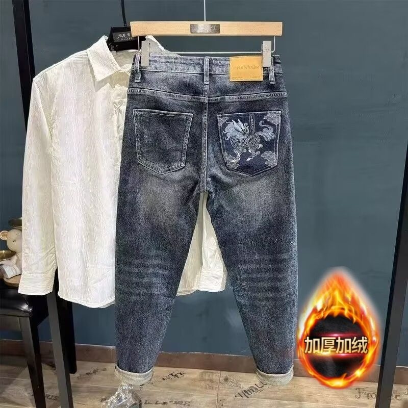2026加绒刺绣牛仔裤男秋冬季新款欧美风潮流弹力修身小脚九分裤子
