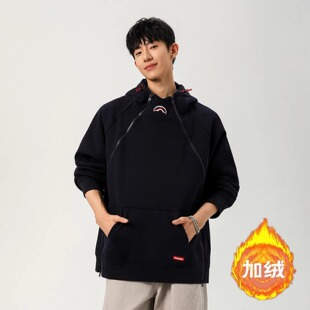 双拉链鲨鱼嘴加绒卫衣男女款冬季连帽套头运动服美式boxy情侣外套