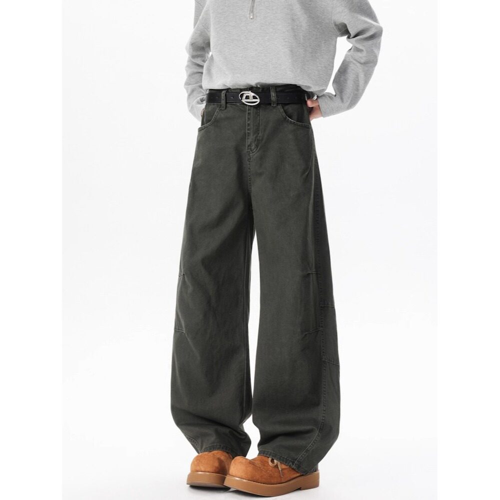 军绿色潮流百搭美式弯刀裤男款春秋季韩版宽松直筒阔腿休闲长裤子