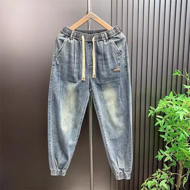 潮牌牛仔裤男款春秋季2025新款痞帅宽松束脚裤哈伦弹力九分休闲裤