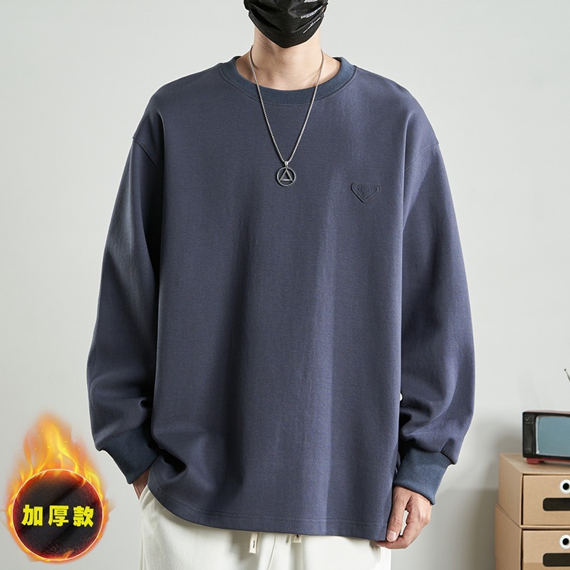 加绒卫衣男士秋冬季美式ins潮牌重磅上衣纯色宽松圆领长袖T恤男生