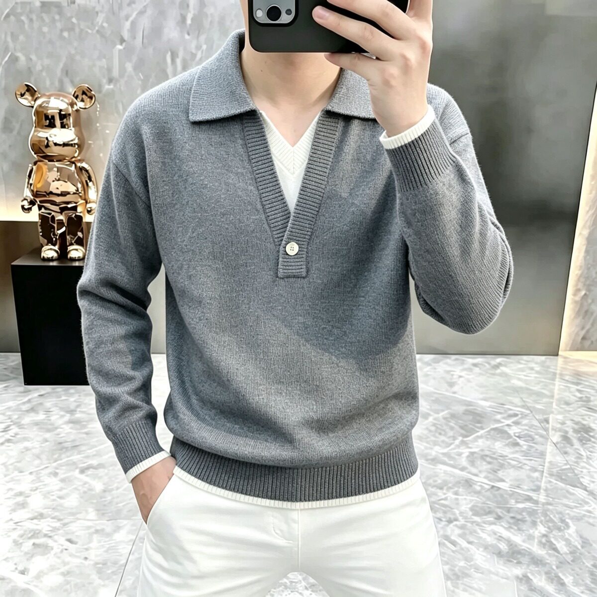 假两件针织衫翻领毛衣男春秋季POLO衫双V领毛线衣服2026新款