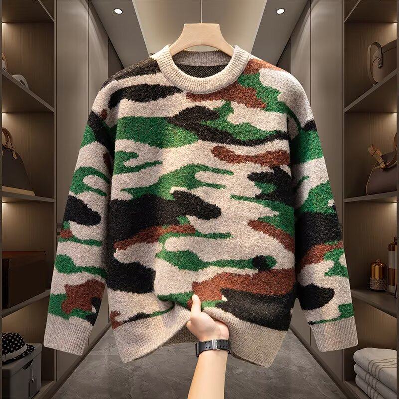新款迷彩圆领套头毛衣男士秋冬季慵懒风针织衫外套潮流休闲毛线衣