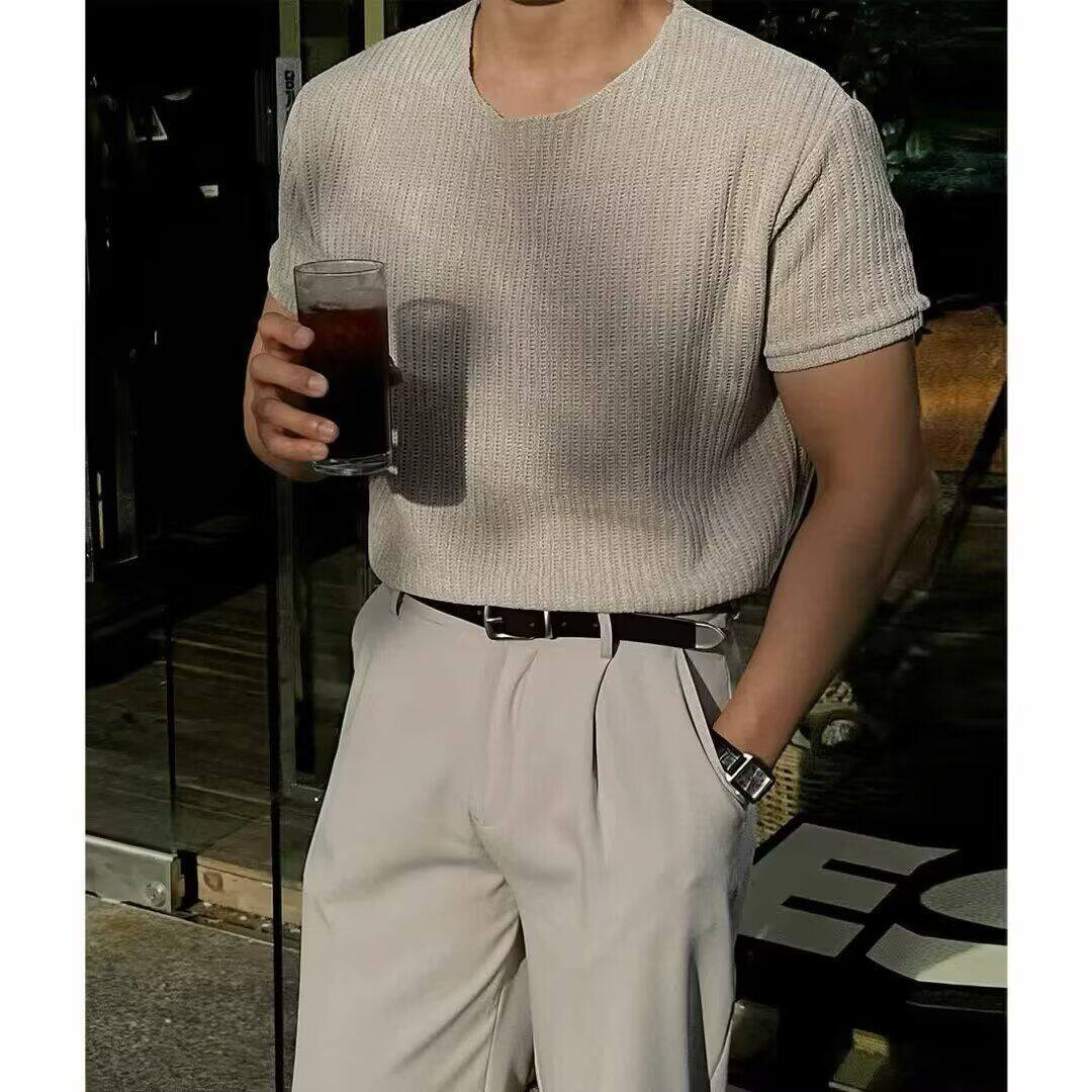 美式雪尼尔镂空针织衫男大领宽松短袖松弛感冰丝网眼线衣透气t恤