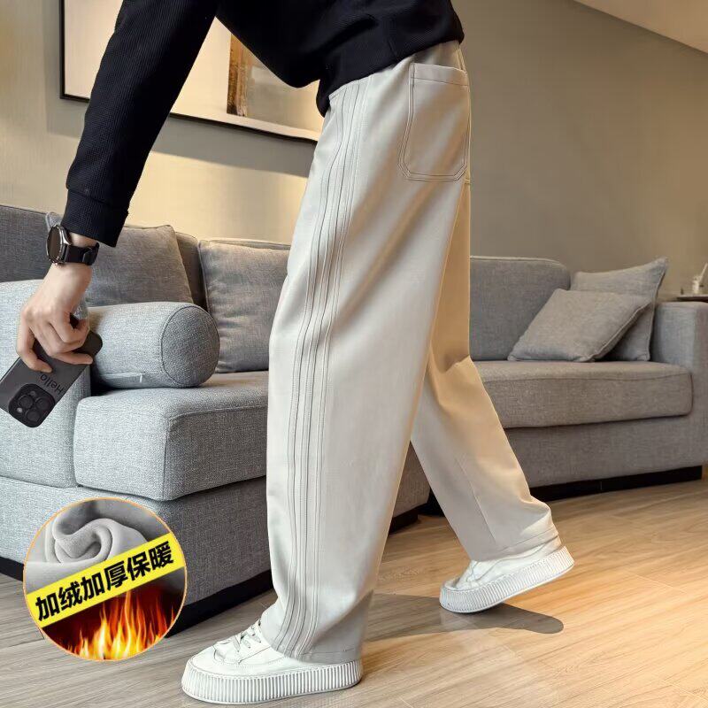 秋冬季痞帅直筒卫裤男士条纹潮牌运动保暖裤慵懒加绒加厚休闲裤子