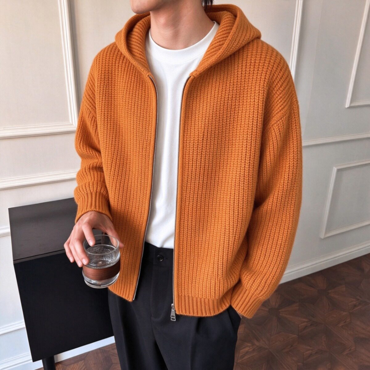 轻熟风纯色连帽针织开衫男慵懒感加厚拉链毛衣外套