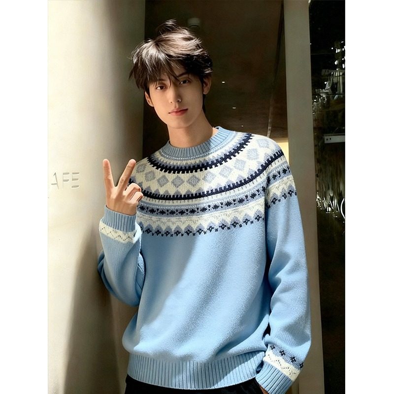 蓝色几何费尔岛圆领毛衣男款秋冬季美式cleanfit穿搭慵懒风针织衫
