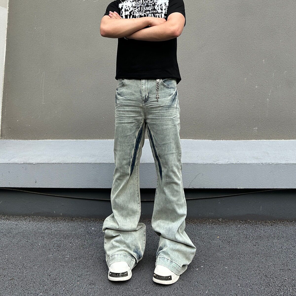美式街头水洗渐变加长薄款修身微喇牛仔裤男高街喇叭裤子夏季
