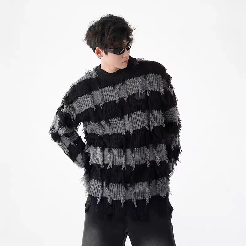 秋冬季美式破损破洞毛衣男士痞帅潮牌宽松圆领针织衫原宿保暖上衣