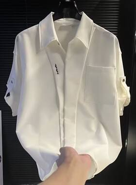 痞帅高级感酒红色冰丝半袖衬衫男时尚潮流拼接v领设计感短袖衬衣