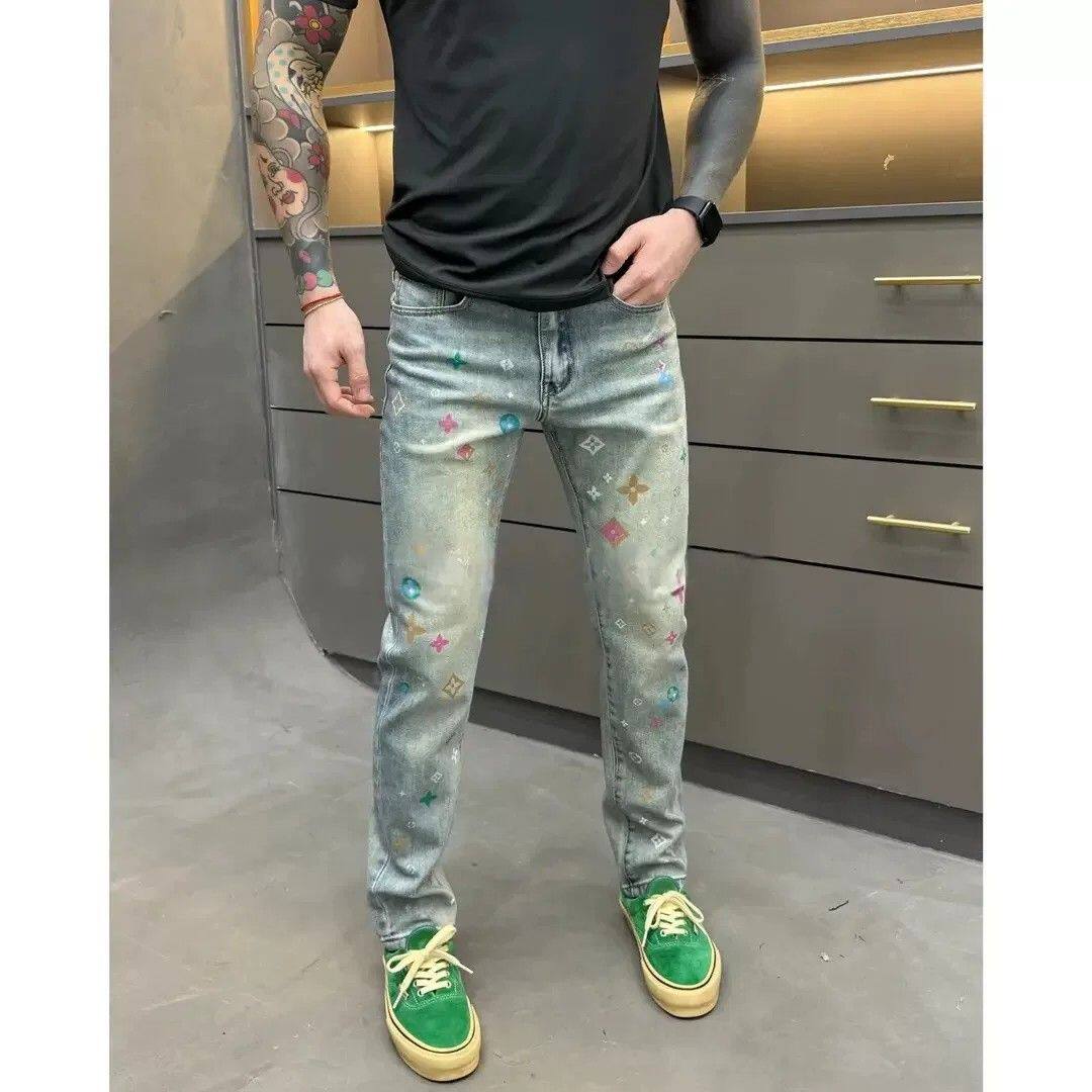 高端潮牌修身牛仔裤男士九分新款夏季锥形小脚休闲痞帅印花长裤子