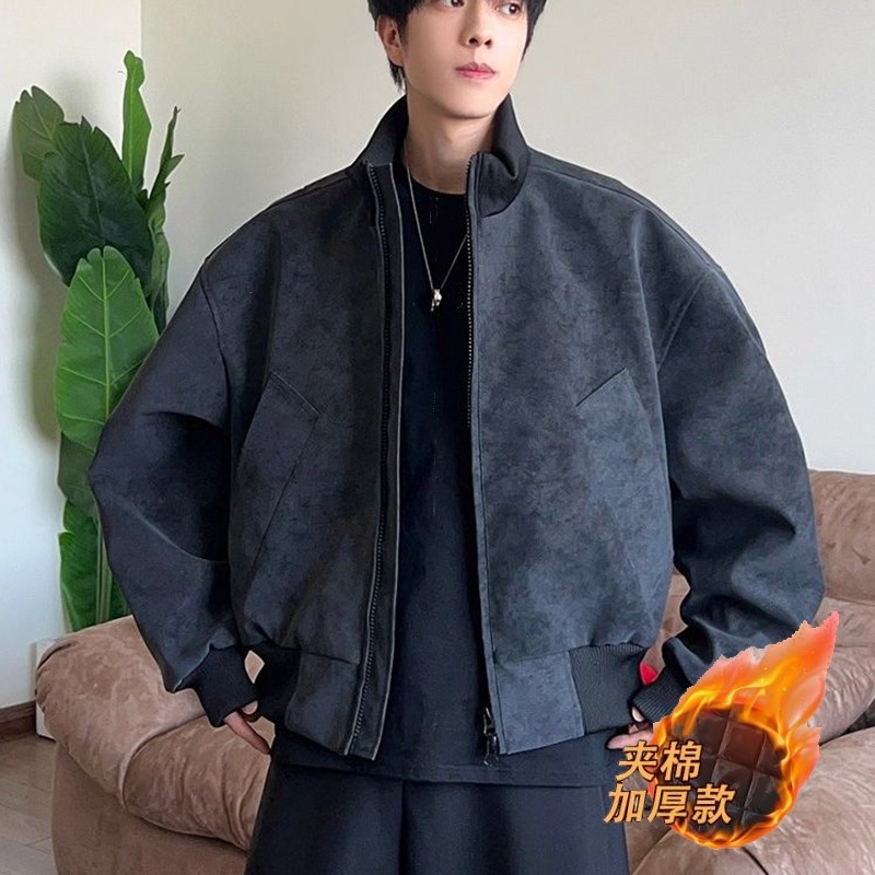 cleanfit扎染皮衣外套男款秋冬季加厚美式复古立领棒球服短款夹克