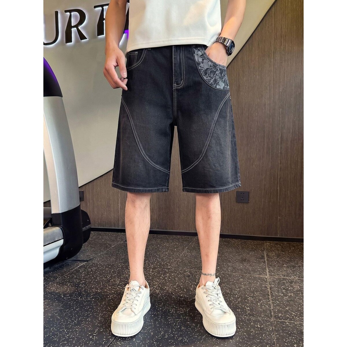 夏季阔腿宽松牛仔短裤男高级腰果花半截裤新款流行潮牌休闲中裤子