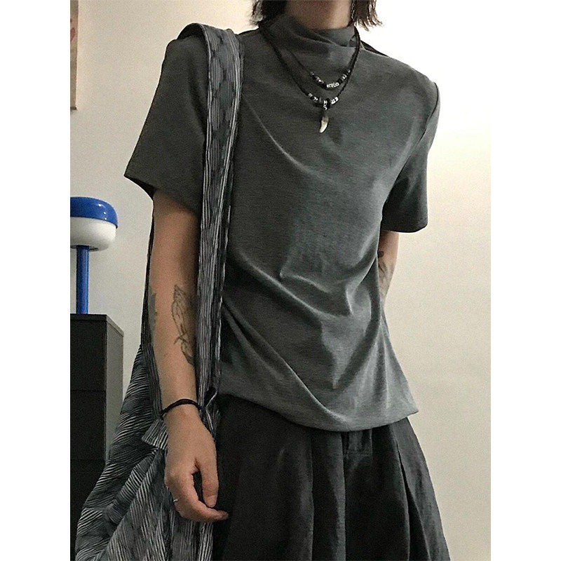 深灰色cleanfit半高领正肩短袖男款夏季美式高街高级感T恤半截袖