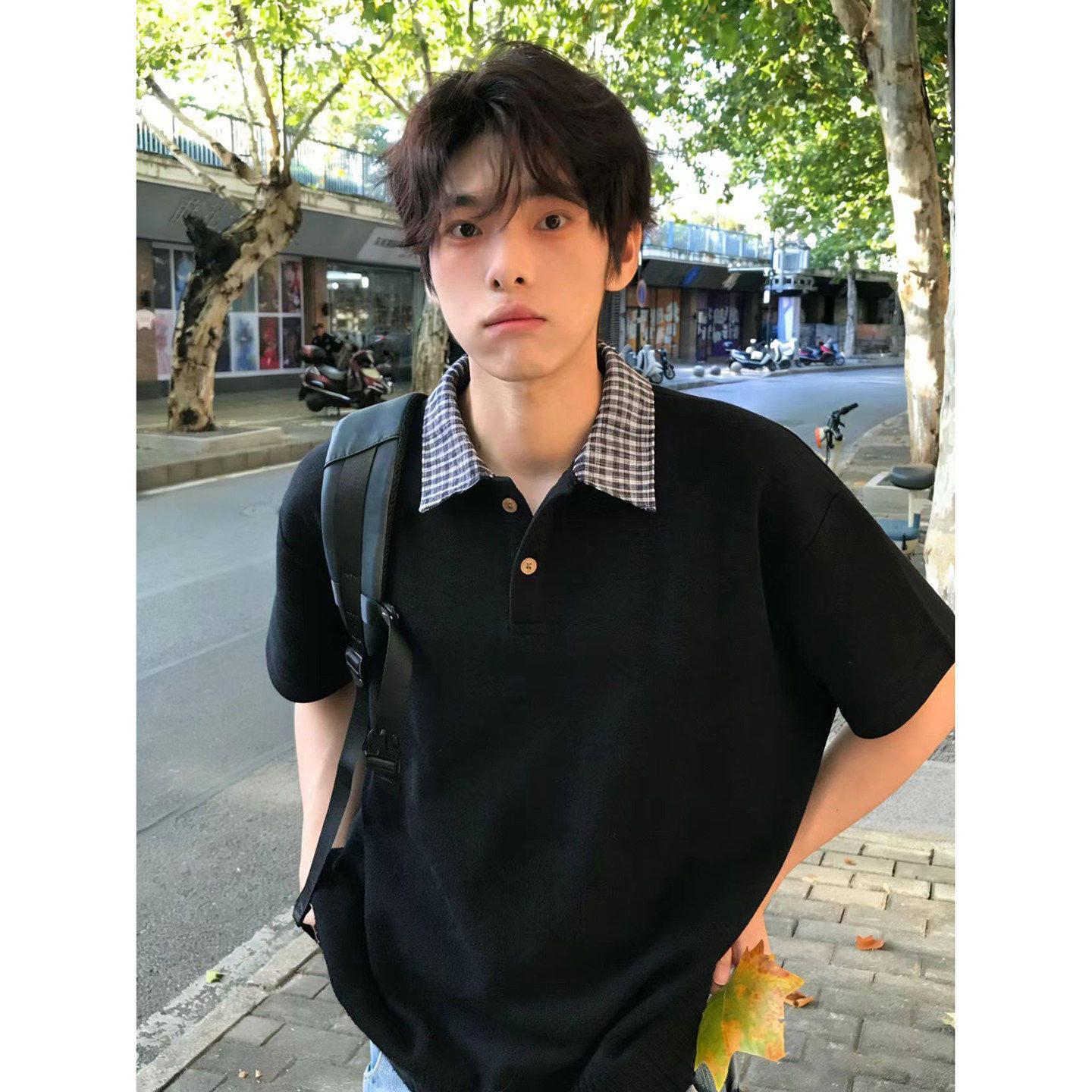 白灰色假两件千鸟格POLO衫短袖男款重磅正肩翻领t恤cleanfit半袖